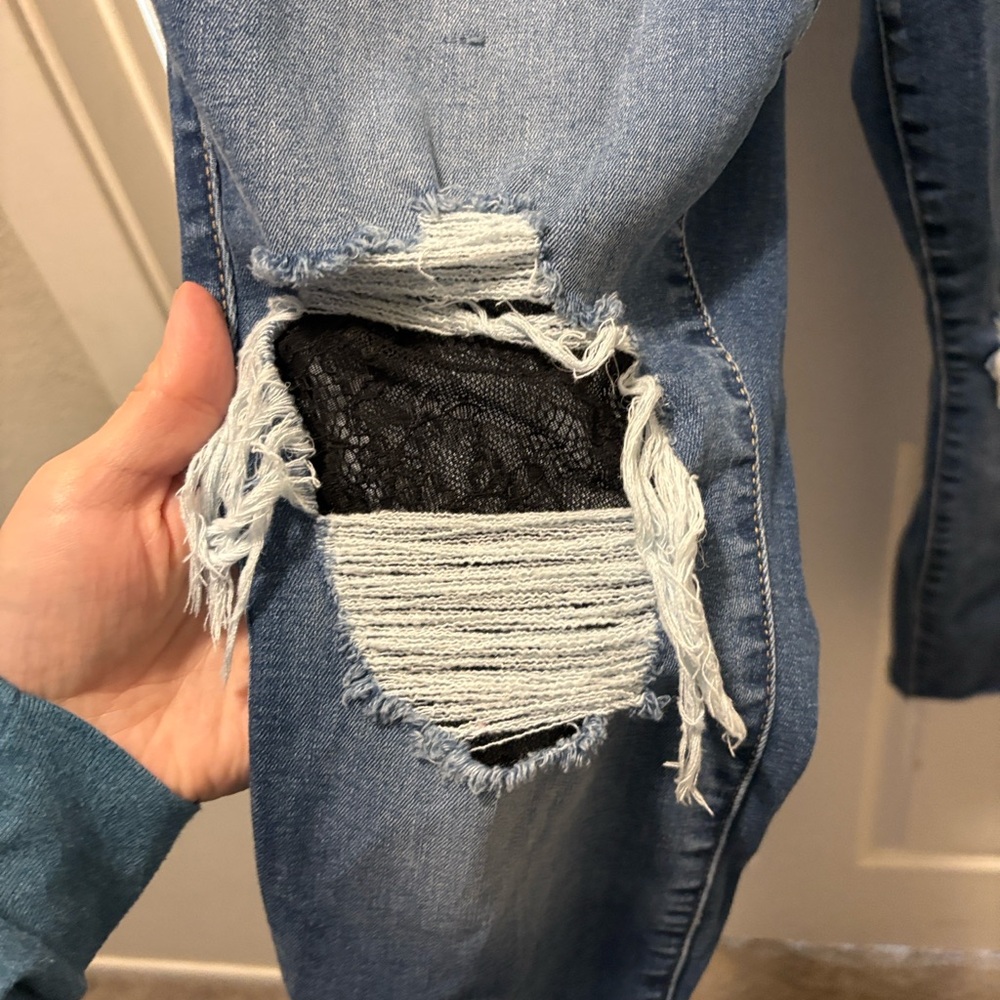 Torrid Women's Blue Distressed Jeans with Lace Detail - Picture 5 of 5